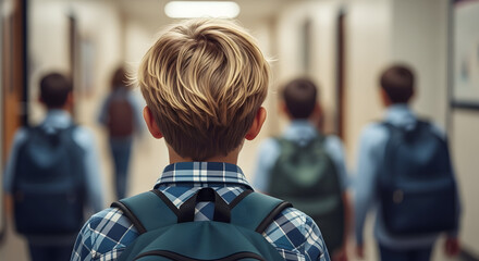 Back to school hallway elementary school kids education learning children students classroom corridor backpack boy girl teenager youth childhood friendship teamwork togetherness