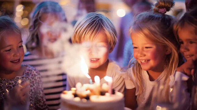 A cute little birthday boy blows out the candles on his cake, while his happy friends applaud and smile. Children's birthday