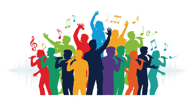 Vibrant diverse crowd singing joyfully with microphones and musical notes creating energetic party vibes