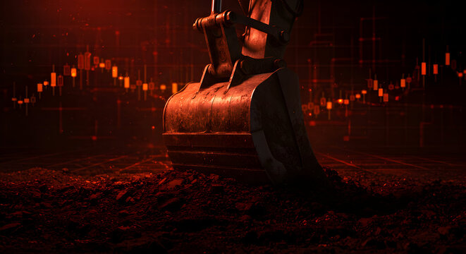 Excavator digging in red earth dramatic stock photo financial crisis concept mining industry construction equipment heavy machinery earthworks digging machine groundworks
