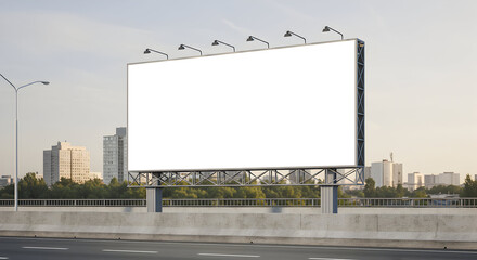 Blank billboard mockup on highway overlooking city skyline perfect for advertising campaign design template large format advertising space urban landscape background