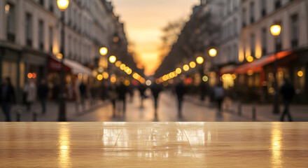 Obraz premium Romantic Parisian Evening Street Scene Blurred Background Wooden Tabletop Display Product Showcase