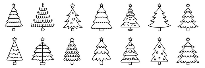 Twelve Unique Christmas Tree Icons: A Collection of Black Outline Illustrations on White Background