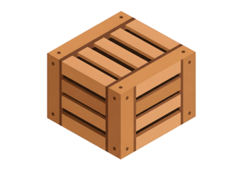 An isometric illustration of a simple wooden crate, showcasing its boxy form and sturdy construction.