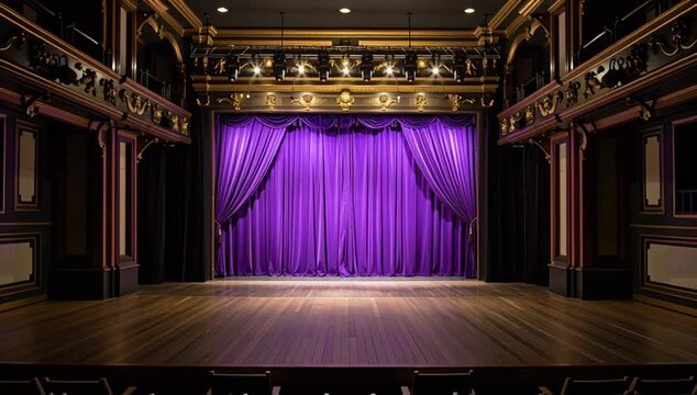 an empty theater stage with a luxurious purple curtain, a perfect scene to showcase the theater space and theatrical elements