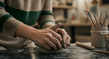 Hands shaping clay pottery art craft workshop studio creative hobby handmade artisan ceramic design learning skill creation process