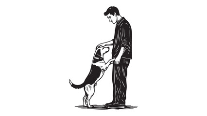Man and dog sharing a loving moment together in a black and white illustration
