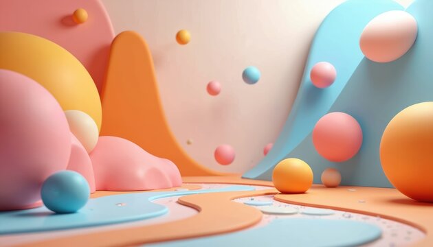 Playful 3D wallpaper with colorful bouncing balls in abstract design. Smooth, vibrant shapes in white, orange, blue, pink create whimsical, surreal aesthetic. Bright colors, smooth textures, organic
