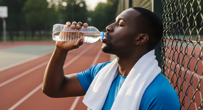 Athlete taking a refreshing water break after intense workout session hydration health fitness sports lifestyle wellbeing summer training energy drink