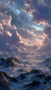 Dramatic mountain valley filled with soft clouds, leding to bright glowing poral under vibrant cosmic sk. Nebula, stars, luminous alaxy create fantasy landsape. Scene blends nature wth