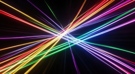 Abstract explosion of colorful light beams radiating from a central point against a dark background