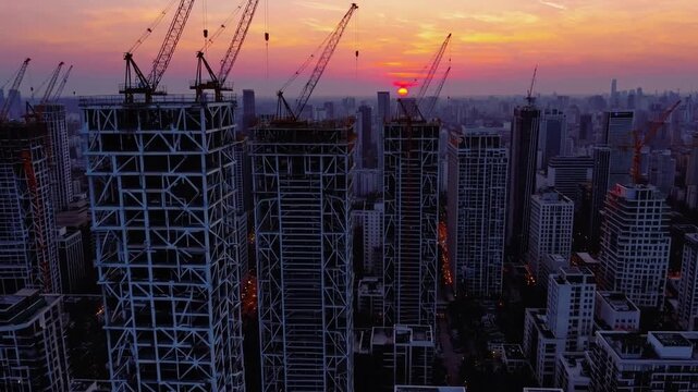 Skyscraper construction crane sunset city skyline urban silhouette highrise architecture, urban skyline silhouette with construction cranes