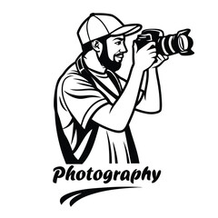 Bearded photographer in cap capturing moments with professional camera below photography banner