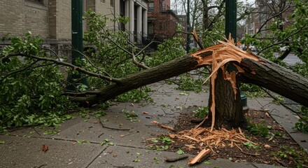 Broken tree branch on sidewalk with debris scattered around  
