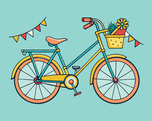 Fototapeta premium Vector art of colorful vintage bicycle with flowers in basket and decorative flags, symbolizing summer outdoor activity and leisure