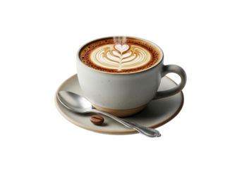 A steaming cup of latte art, displayed against a black background, showcasing a light gray ceramic mug with a rich, intricate latte design.