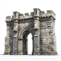 Ancient stone archway with battlements, a weathered medieval gate structure on a white background, featuring gothic architectural details.