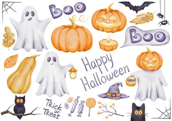 Watercolor hand drawn Halloween clipart with pumpkins, ghosts, candies, black cat, bat, owl, spider and festive decorations. Spooky set perfect for cards, stickers, invitations, festive design, prints