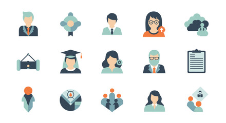 Modern professional icons representing career growth, education, and team collaboration for business success