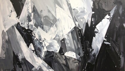 Monochromatic Abstract: Dynamic interplay of black, white, and grey impasto strokes creating a powerful, textural, and visually arresting abstract artwork.