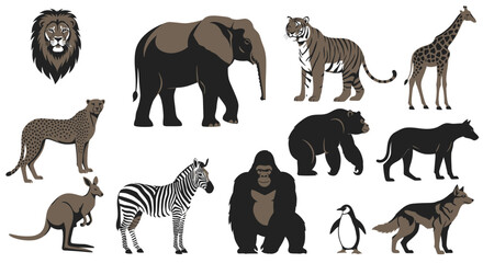 Naklejka premium Vibrant collection of diverse wild animals including lion, elephant, tiger, giraffe, cheetah, zebra, gorilla, penguin, kangaroo, and wolf.