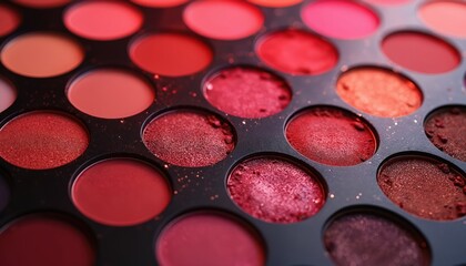 Vibrant red eyeshadow palette displays mosaic color arrangement. Shades of red, pink, coral create striking visual appeal with shimmer, gloss finish. Professional makeup artistry, luxury cosmetic