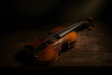 Fototapeta premium Serenade of the Strings: A beautifully crafted violin, bathed in warm light, rests gracefully on a rustic wooden surface, evoking the timeless elegance of music and artistry.