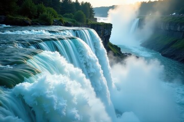 Close-up of churning water at the brink of Horseshoe Falls , immersive, current, natural
