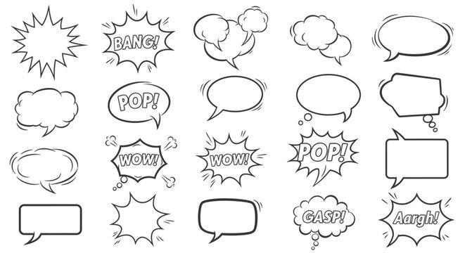 Dynamic comic book speech bubbles with exciting sound effects like BANG POP WOW GASP AARGH for creative projects