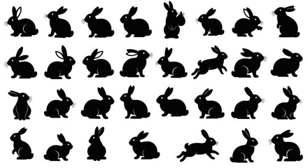 Charming collection of diverse black rabbit silhouettes in various playful poses and activities