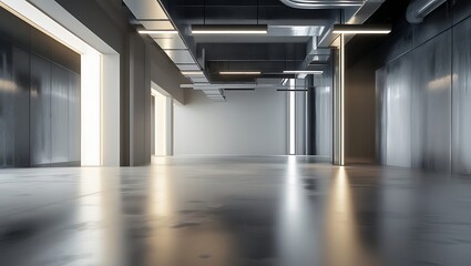 A modern industrial background with metallic sheen, polished concrete, exposed ducts, and minimal lighting in grays and silvers with beige accents, exuding sleek urban sophistication.