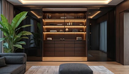 Modern walk-in closet with dark wood finishes, integrated lighting. Features open shelving for display, numerous drawers for storage. Large green plant adds touch of nature, enhancing sophisticated,