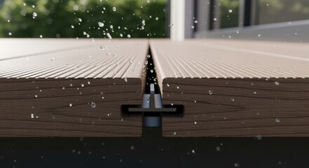 Slowmotion closeup revealing hidden clip locking mechanism securing new composite decking boards tightly in place outdoors.