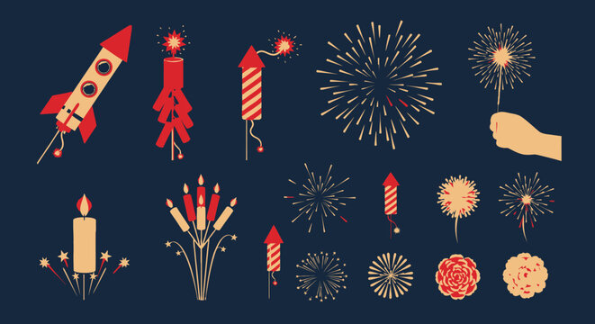 Vibrant fireworks and festive sparklers create dazzling displays for celebrations, parties, and holidays.
