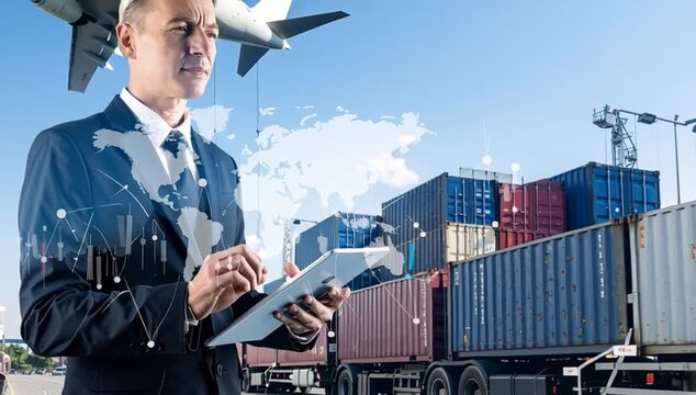 a man overseeing global logistics and supply chain management, using a digital tablet amid shipping containers, a truck, and an airplane