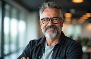Obraz premium Confident middle-aged businessman with glasses smiles in modern office setting. Portrait captures successful executive, manager, entrepreneur in pro corporate environment, exuding positivity,