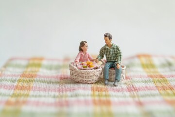 Miniature figures of a father and daughter enjoying a picnic in charming baskets on a checkered blanket.