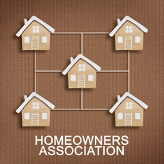 HOMEOWNERS ASSOCIATION CONCEPT WITH CONNECTED RESIDENTIAL HOUSE MODELS - Symbolic representation of community housing and real estate network for HOA and property management themes
