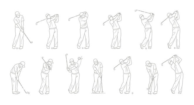 Line art illustrations of golfers in various swing positions.