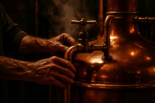Elderly Brewer Hands Adjusting Copper Beer Kettle with Steam in Traditional Brewery - Powered by Adobe