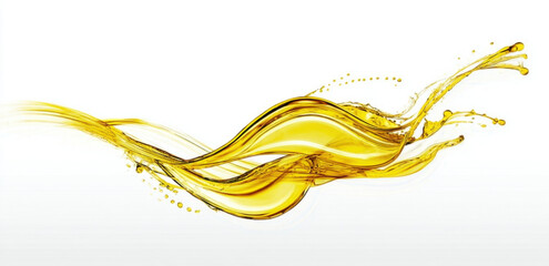 Dynamic golden yellow liquid splash forming an abstract wave on a clean white background, showcasing fluid motion and energy.