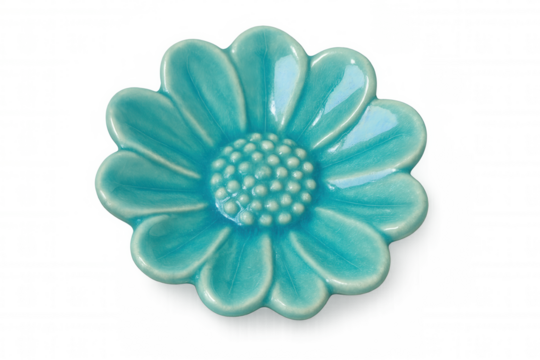 Shiny light blue ceramic flower isolated on transparent background, perfect for design projects related to nature, spring, decoration and tableware