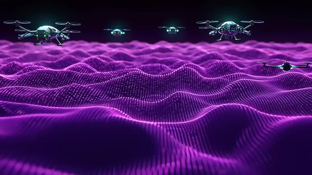 Futuristic drones flying over a digital landscape at night