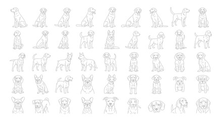 Charming collection of diverse dog breeds illustrated in a clean, modern line art style for playful designs