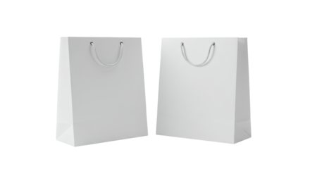 Two pristine blank white paper shopping bags, one front-on, one angled, with rope handles, on a reflective white surface, minimalist studio background, high-key diffused light. Concept of new