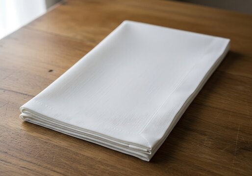 Crisp white folded linens on a vintage wooden surface conveying simplicity and elegance perfect for upscale dining