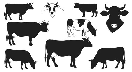 Elegant cow silhouettes for branding and design projects featuring farm animals and livestock in black and white