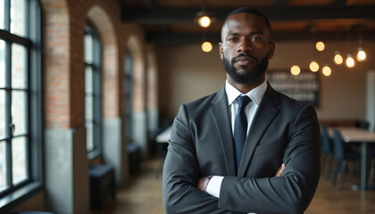Fototapeta premium Confident Black businessman in suit, tie, arms crossed, direct gaze. Pro executive in office with brick wall, windows. Represents leadership, success, ambition, corporate achievement in modern