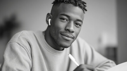 Young man reviewing notes at serene workspace for focused study and productivity