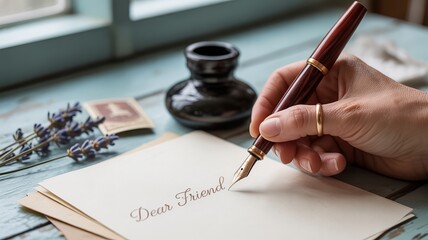 World Letter Writing Day, Elegant fountain pen writing heartfelt letter starting with dear friend.